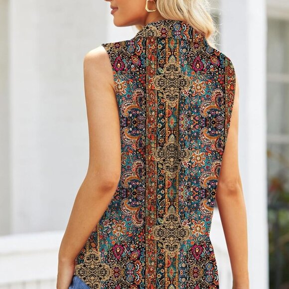 Women's Sleeveless Button Down Shirts Blouses - Solid, Casual, Loose Fit, V Neck - Picture 4 of 4